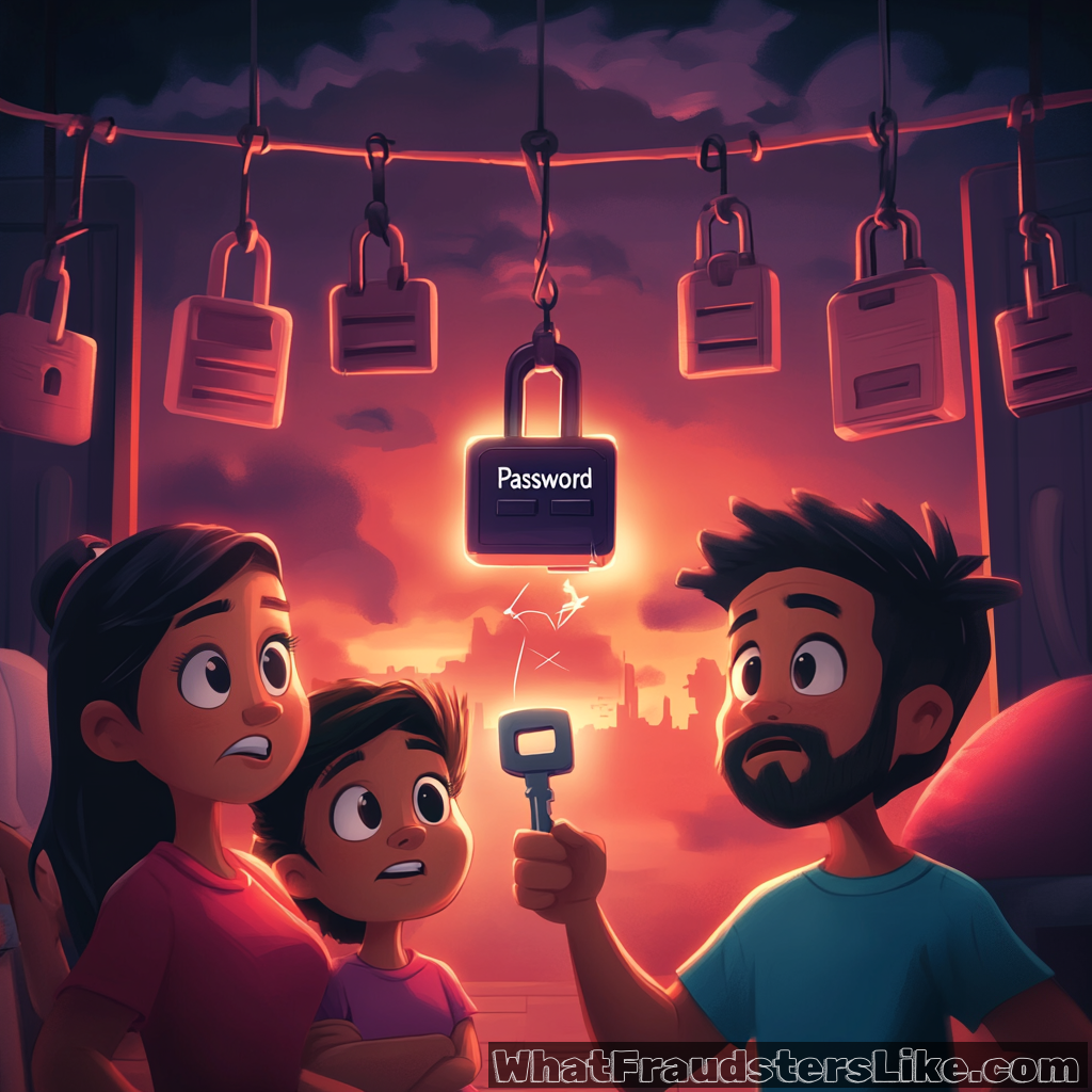 A family of three, looking concerned, watches as a glowing key held by the father appears to interact with a prominent "PASSWORD" padlock hanging from a row of other locks against a dramatic, sunset-like sky.